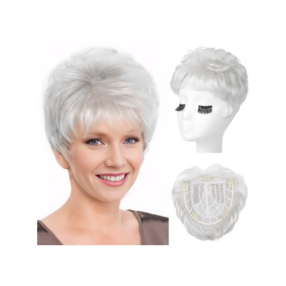 REECHO Hair Topper Short Wiglet Silver White Synthetic Japanese Fiber Hairpiece
